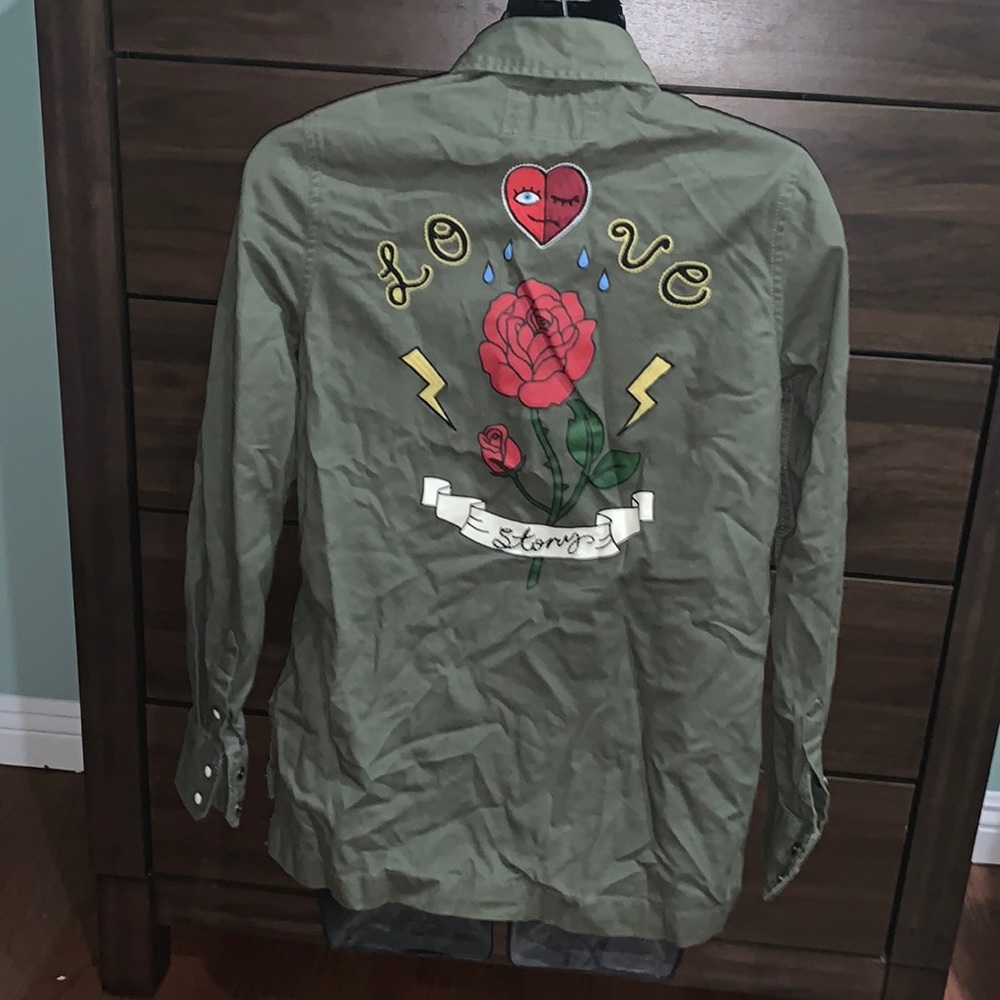 Love strong olive green military style top Size Sm